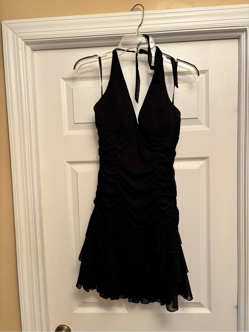My Michelle Black Halter Ruched Tiered Mini Dress